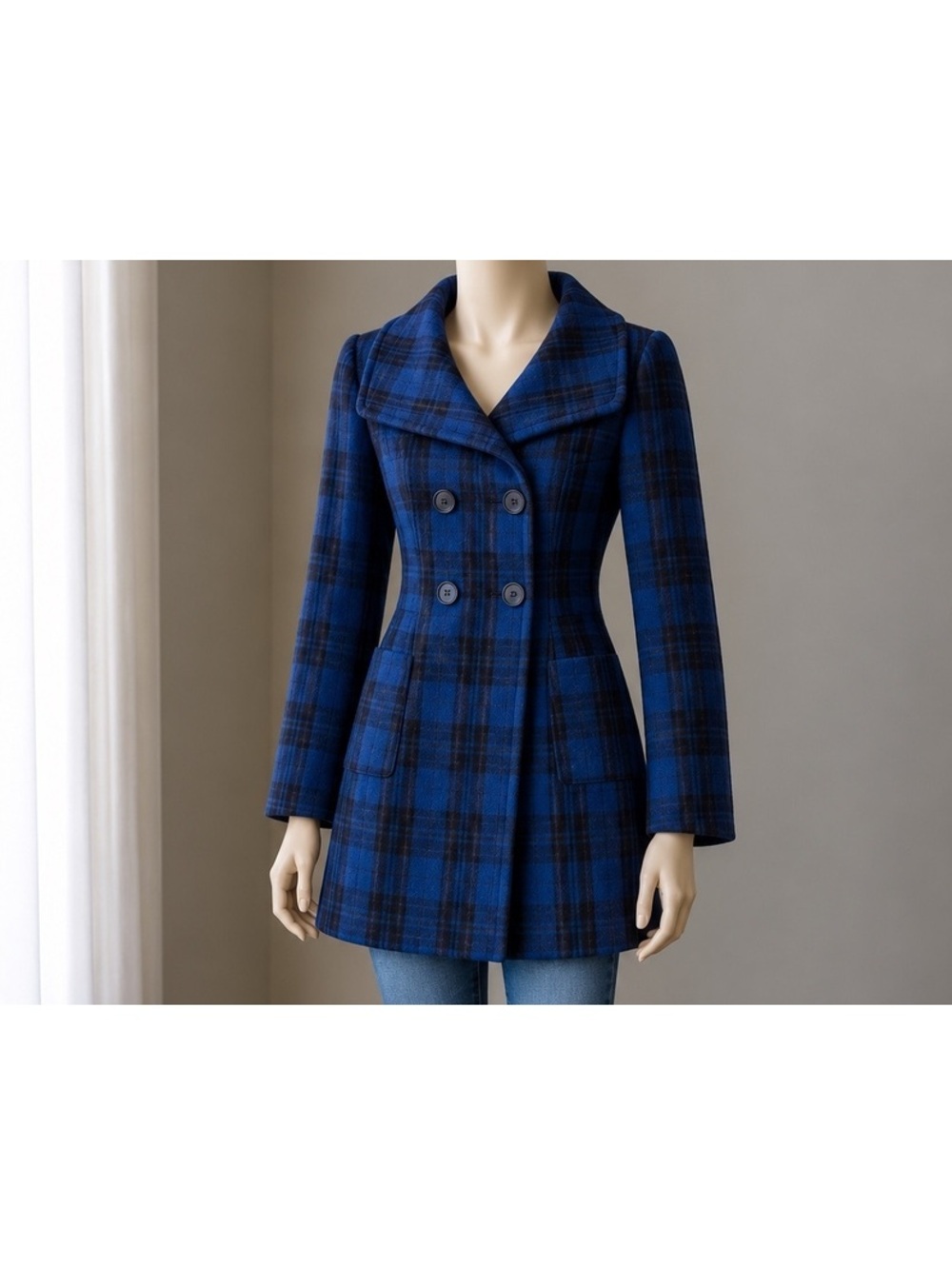 Old Navy Women’s L Blue Black Plaid Wool Blend Double Breasted Peacoat Jacket